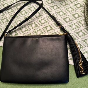 Saint Laurent Black Leather Crossbody with Gold YSL Tassel Charm